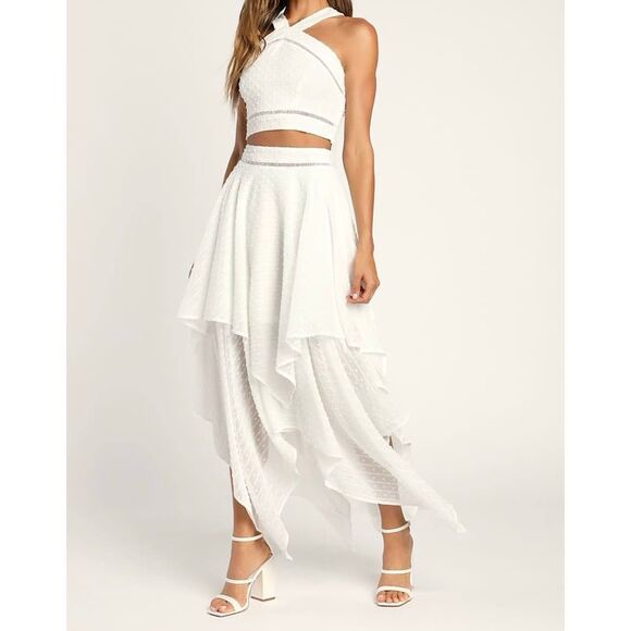 White Textured Two Piece Set Midi Skirt & Halter Crop Top | Boho Summer Outfit | - Picture 1 of 13